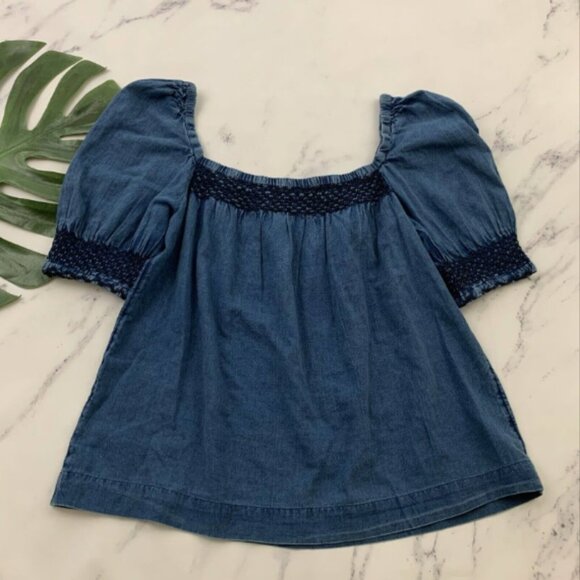 Womens Presley Chambray Top Size M Dark Indigo Blue Embroidered Trim